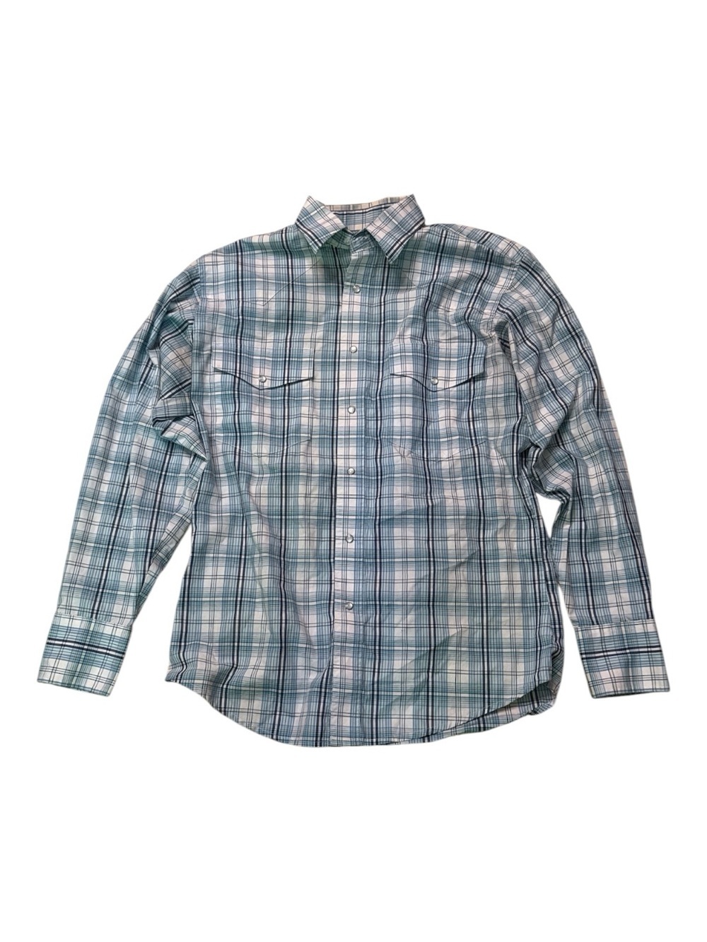 Wrangler Men's Blue & White Plaid Pearl Snap Button Shirt Size Medium
